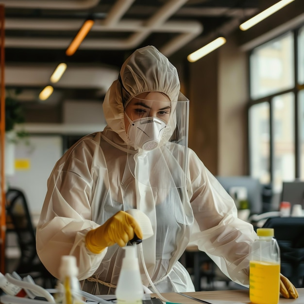 Mitarbeiterin im Schutzanzug desinfiziert ein Büro mit der Sprühflasche