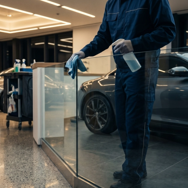 Sauberer Fahrzeug-Showroom nach professioneller Gebäudereinigung Professionelle Gebäudereinigung im Büro – Reinigungskraft wischt einen Schreibtisch